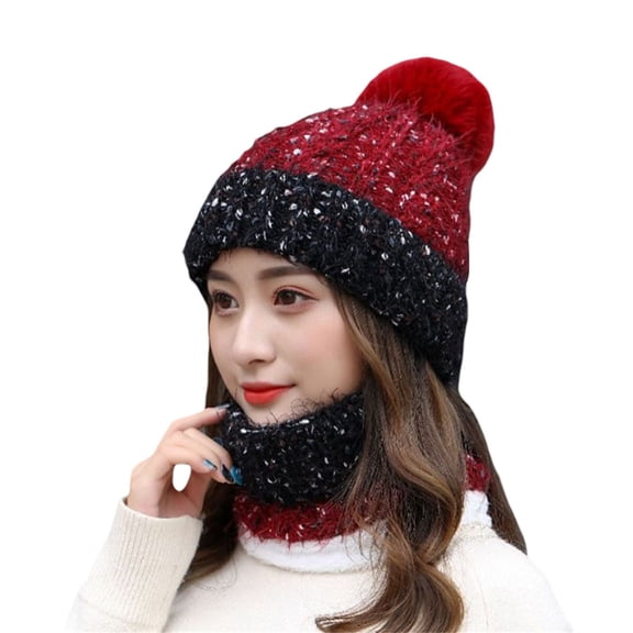 Women's Color Block Knit Hat and Neck Warmer Set, Pom Pom Beanie & Snug Cowl, Thermal Lined Winter Set for Cycling and Cold Weather - Red