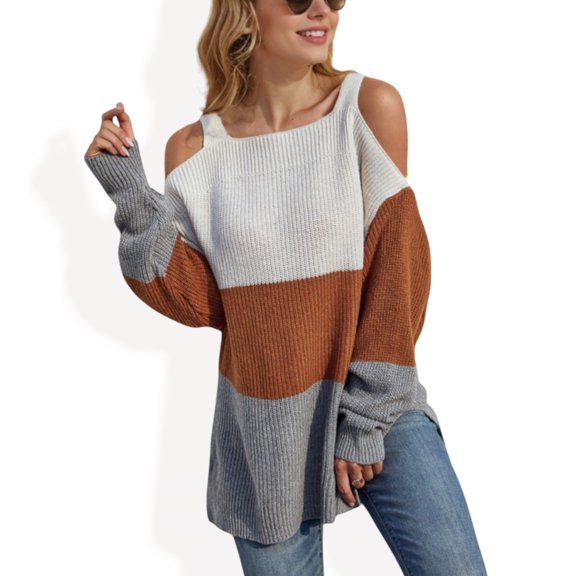 Women's Color Block Knit Sweater with Cold Shoulder Detail - Small, Brown