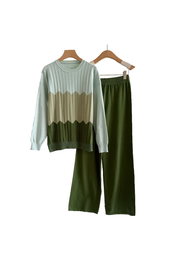 Women’s Color Block Knit Two Piece Set Round Neck Long Sleeve Sweater and High Waisted Wide Leg Lounge Pants Casual Autumn Winter Loungewear with Contrast Trim