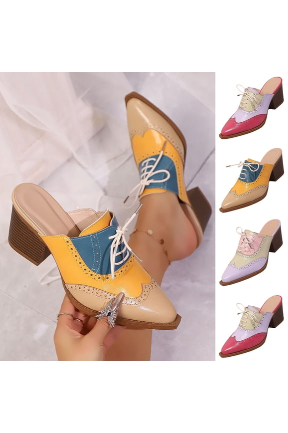 Women's Color Block Lace Up Mules, Casual Wide Width Brogue Block Heel Slide Sandals, Comfortable Heightening Walking Shoes for Women, Perfect for Daily Outings and Casual Wear