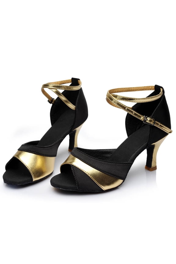Women's Color Block Latin Dance Shoes, Satin Low Heel Sandals, Professional Salsa Ballroom Practice Footwear for Performance, Wedding Gold 34