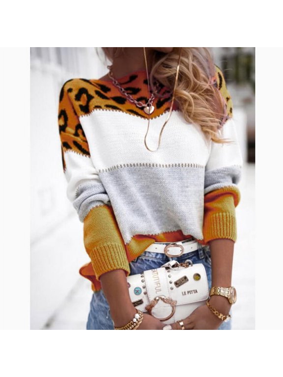 Women's Color Block Leopard Print Crew Neck Sweater Long Sleeve Crew Neck Pullover Knitted Sweater