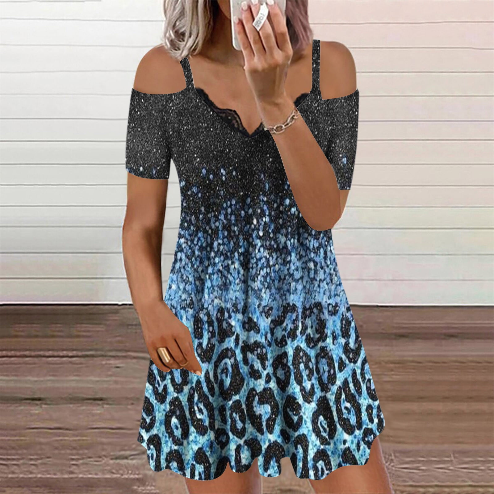 Dailytrove Women's Color Block Leopard Print Midi Dress, Short Sleeve, Casual Night Out & Festival Wear, Stretchy Polyester Blend, Contrast Trim, Size