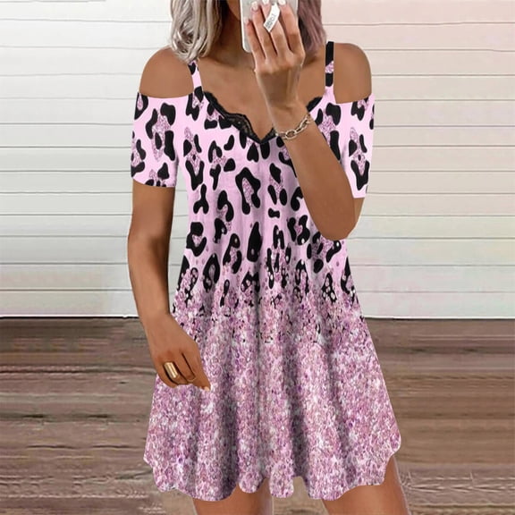 DailyTrove Women's Color Block Leopard Print Midi Dress, Short Sleeve, Casual Night Out & Festival Wear, Stretchy Polyester Blend, Contrast Trim