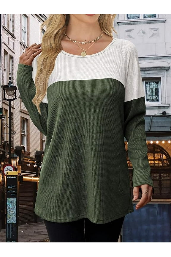 Women's Color Block Long Sleeve Top, Casual Loose Round Neck Pullover Shirt, Basic Style