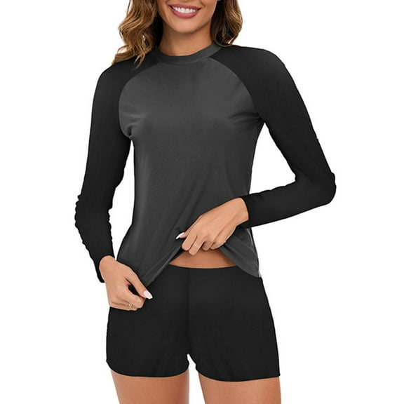 Women's Color Block Long Sleeves Rash Guard Surf Athletic Swim 2 Pieces Tankini Sets Swimsuit with Boyshorts