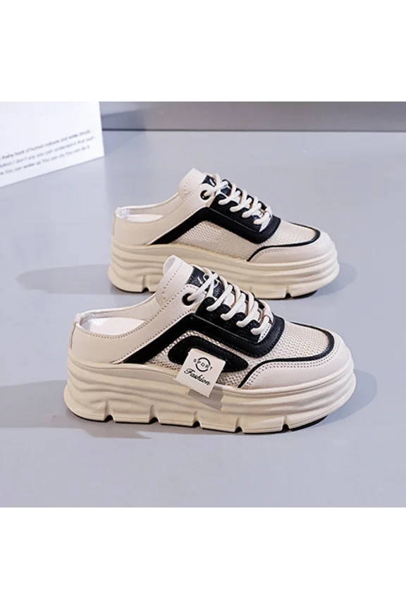 Women's Color Block Mesh Platform Sneaker Slippers, Open‑Back Lace‑Up Layered Sole Breathable Casual Footwear