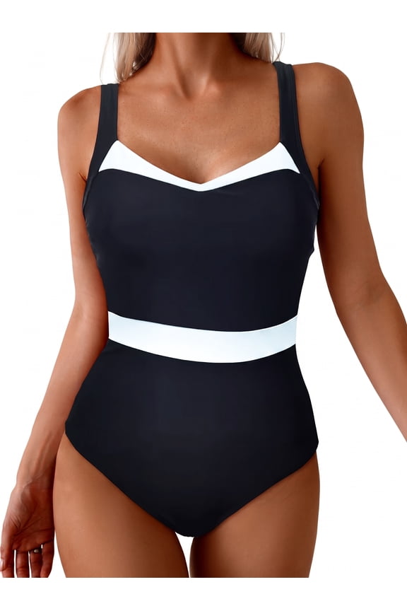 Women's Color Block One Piece Swimsuit Black White Wide Strap Tummy Control Bathing Suit