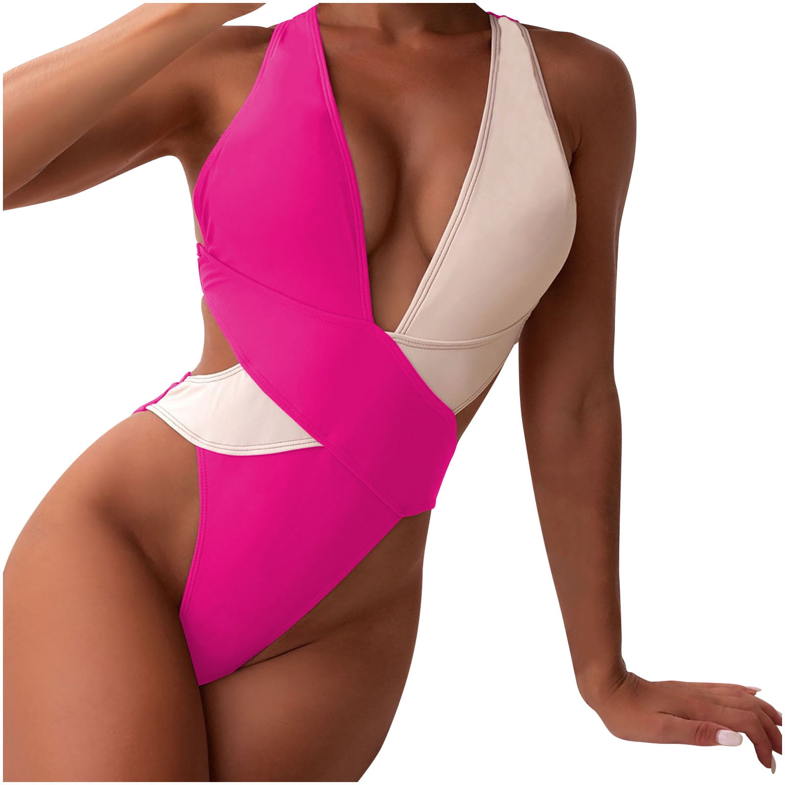 Plunge Cross Back One Piece Swimsuit & Bodysuit in Neon Pink