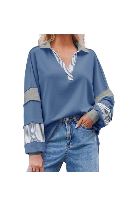 Women's Color Block Oversized Polo Sweatshirt V Neck Long Sleeve Casual Pullover Loose Tops