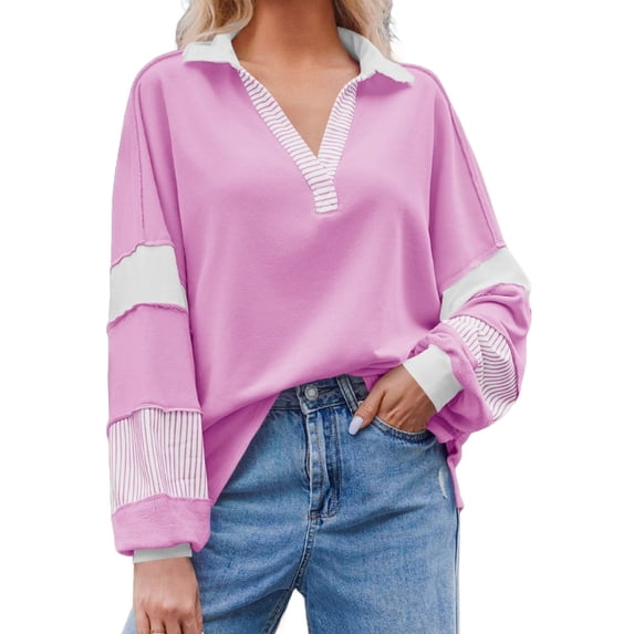 Women's Color Block Oversized Polo Sweatshirt V Neck Long Sleeve Casual Pullover Loose Tops