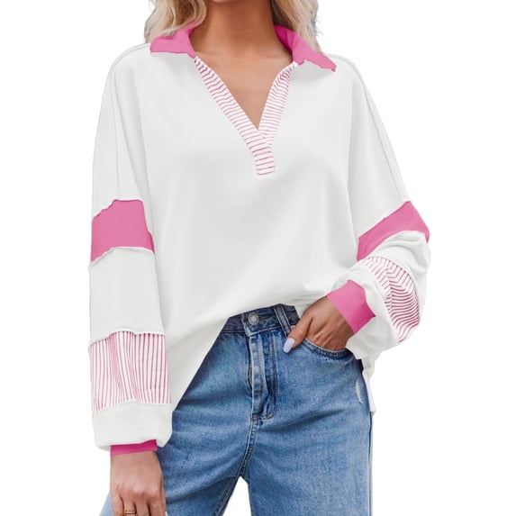 Women's Color Block Oversized Polo Sweatshirt V Neck Long Sleeve Casual Pullover Loose Tops