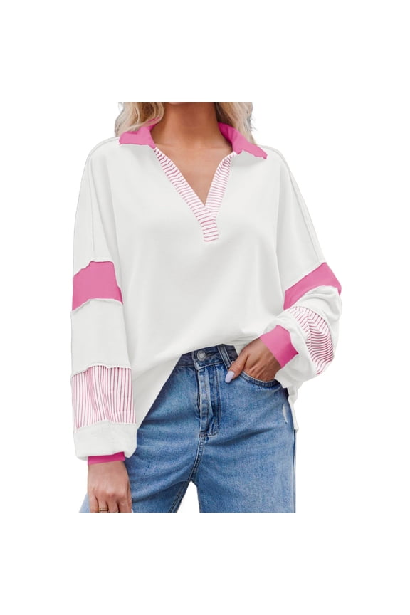 Women's Color Block Oversized Polo Sweatshirt V Neck Long Sleeve Casual Pullover Loose Tops