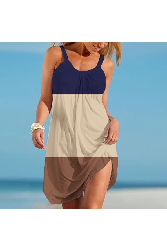 Women's Color Block Patchwork Maxi Dress, Sleeveless, Modern Casual & Beach Wear, Stretchy Polyester