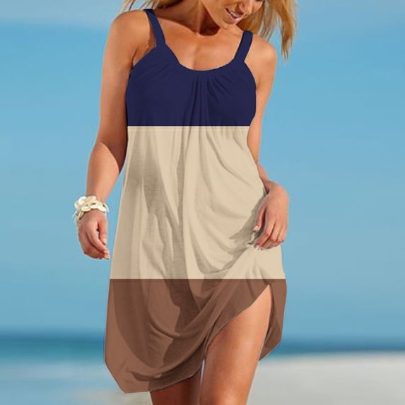 DailyTrove Women's Color Block Patchwork Maxi Dress, Sleeveless, Modern Casual & Beach Wear, Stretchy Polyester