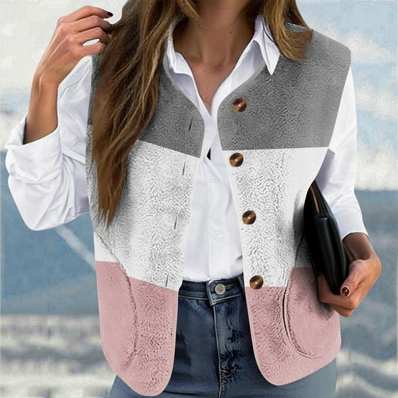 Women's Color Block Plus Size Fleece Flannel Vests Button down Sleeveless Jackets Winter Coats Outerwear New Lightweight Outerwear for Women Pinky M