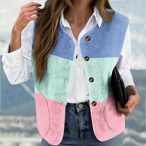 Women's Color Block Plus Size Fleece Flannel Vests Button down Sleeveless Jackets Winter Coats Outerwear New Women's Vests for Fall Winter Sky Blue M