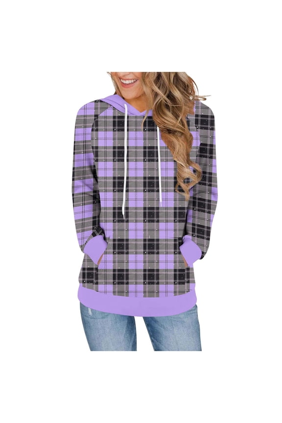 Women's Color Block Print Hooded Sweatshirt Long Sleeve Top with Pocket Loose Casual Wear
