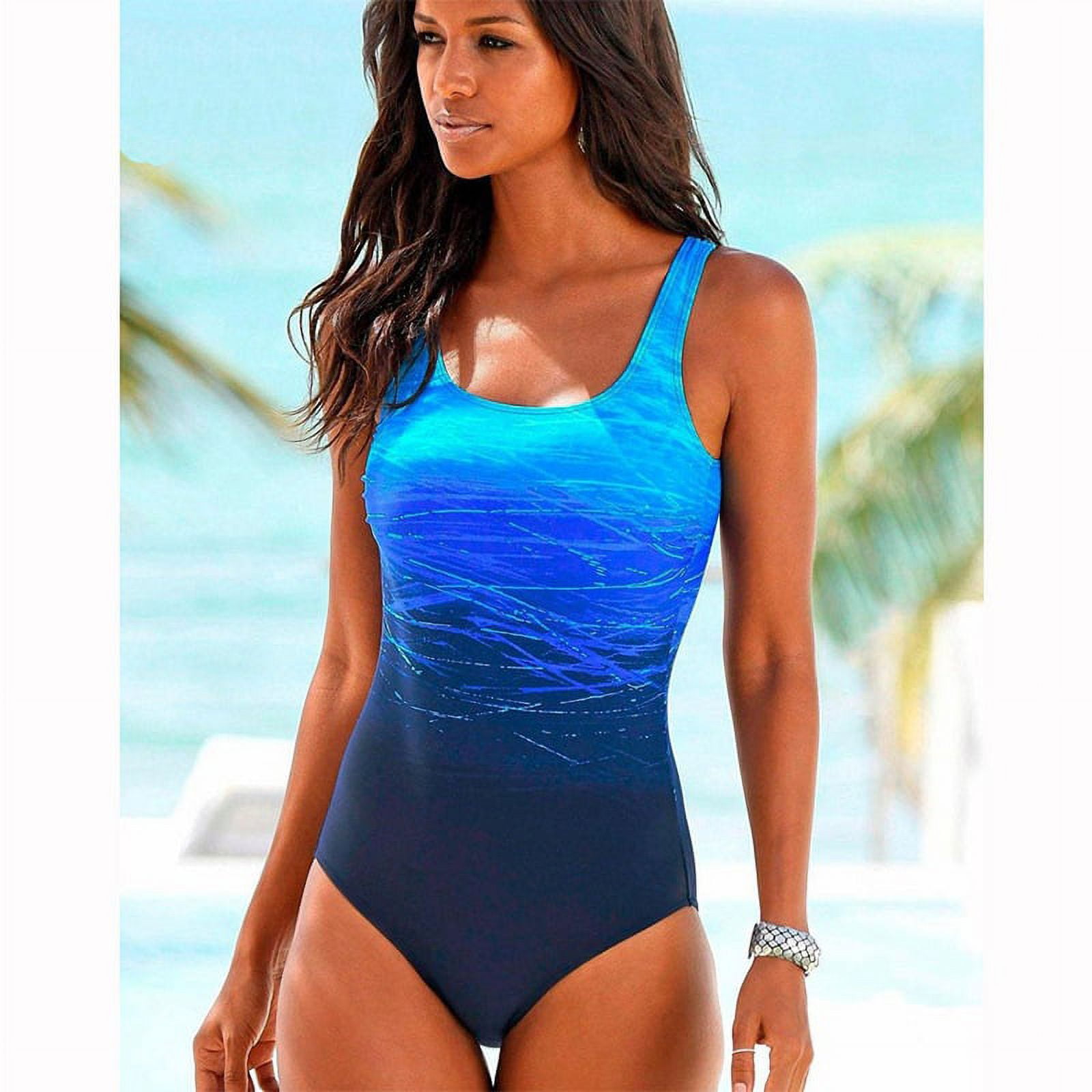 SHEWIN Womens One Piece Swimsuits Color Block Print Bathing Suits Strap V  Neck Athletic Training Tummy Control Swimwear for Summer Blue S-2XL 