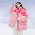 thumbnail image 1 of Women's Color Block Puffer Jacket Thickened Winter Colthing Warm Oversized Jacket with Hood Pink M, 1 of 4