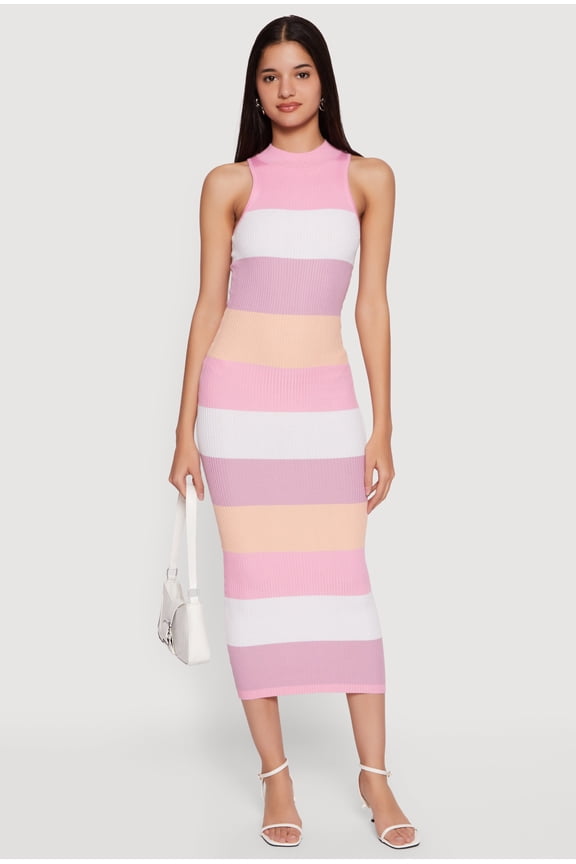 Women's Color Block Rib Knit Mock Neck Sleeveless Midi Dress