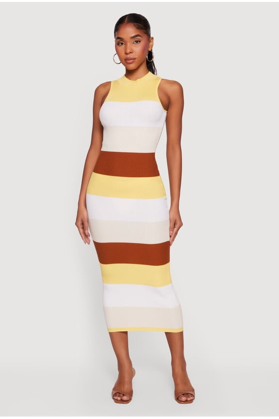 Women's Color Block Rib Knit Mock Neck Sleeveless Midi Dress
