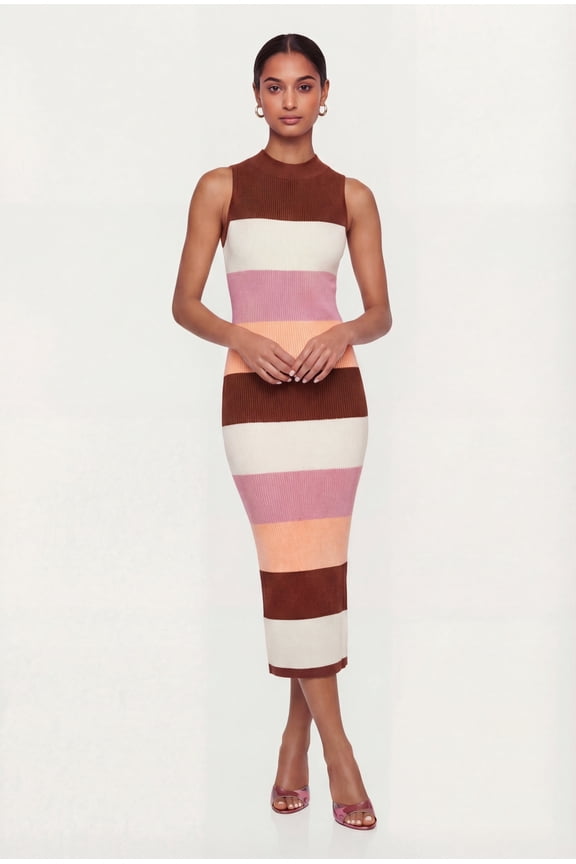 Women's Color Block Rib Knit Mock Neck Sleeveless Midi Dress