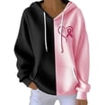 thumbnail image 1 of Women's Color Block Ribbed Drawstring Hoodie With Front Pockets Cancer Awareness Pullover Sweatshirt With Pink Ribbon Heart Print for October Fall Casual Wear, 1 of 2