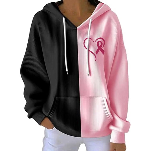 Women's Color Block Ribbed Drawstring Hoodie With Front Pockets Cancer Awareness Pullover Sweatshirt With Pink Ribbon Heart Print for October Fall Casual Wear