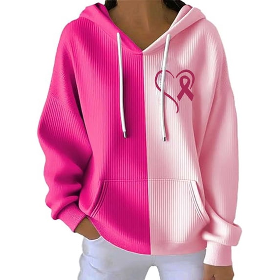 Women's Color Block Ribbed Drawstring Hoodie With Front Pockets Cancer Awareness Pullover Sweatshirt With Pink Ribbon Heart Print for October Fall Casual Wear