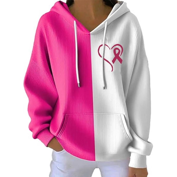 Women's Color Block Ribbed Drawstring Hoodie With Front Pockets Cancer Awareness Pullover Sweatshirt With Pink Ribbon Heart Print for October Fall Casual Wear