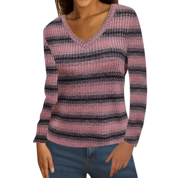 Women's Color Block Ribbed Dressy Blouse Long Sleeve Loose V Neck Tunic Shirts 2025 Fall Trendy Casual Knitted Tops Pink L
