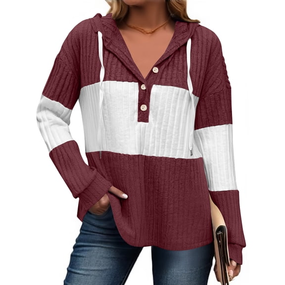 Women’s Color Block Ribbed Hoodie Pullover, Casual Knit Long Sleeve V-Neck Top with Buttons, Loose Fit Comfortable Lightweight Top for All Seasons Wine