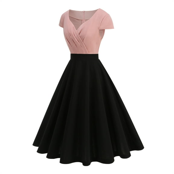Women's Color Block Rockabilly Dress Vintage Casual Short Sleeve A-line Dresses Prom Party Cocktail Attire for Summer