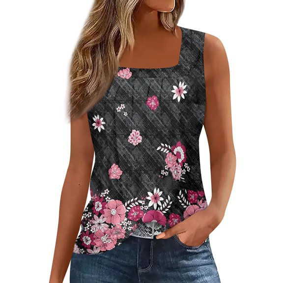Women's Color Block Ruffled Square Neck Sleeveless Tank Top, Striped Casual Summer Shirt with Floral Accents,Gray M