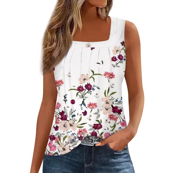 Women's Color Block Ruffled Square Neck Sleeveless Tank Top, Striped Casual Summer Shirt with Floral Accents,Light pink S