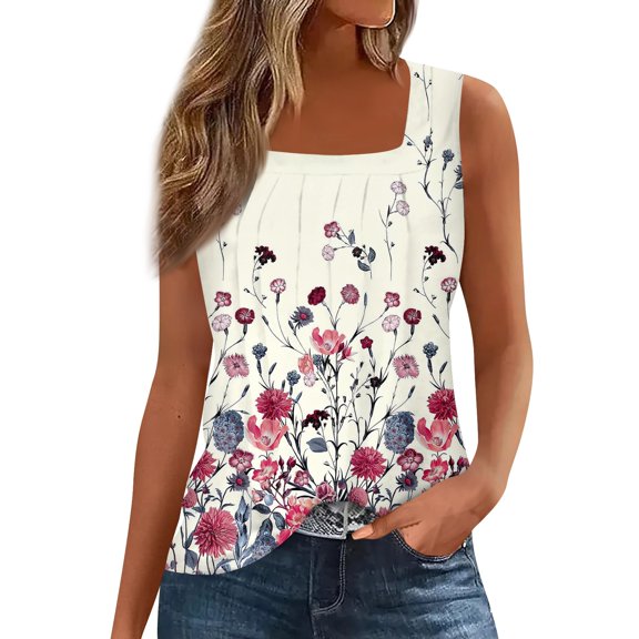 Women's Color Block Ruffled Square Neck Sleeveless Tank Top, Striped Casual Summer Shirt with Floral Accents,Pink 2XL