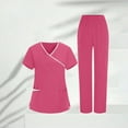 thumbnail image 1 of Women's Color Block Scrubs Set, V-Neck Short Sleeve Top with 5 Pockets & Full Elastic Waist Pants, Professional Medical Uniform for Nurses, Healthcare Workers, Clinic Staff & Caregivers, 1 of 9