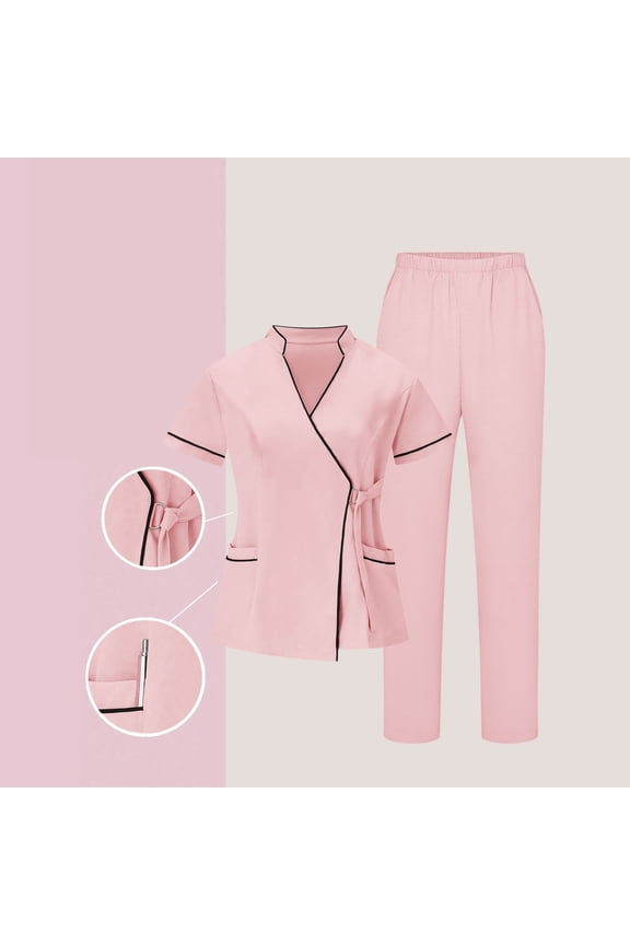 Women's Color Block Scrubs Set, V-Neck Short Sleeve Top with 5 Pockets & Full Elastic Waist Pants, Professional Medical Uniform for Nurses, Healthcare Workers, Clinic Staff & Caregivers