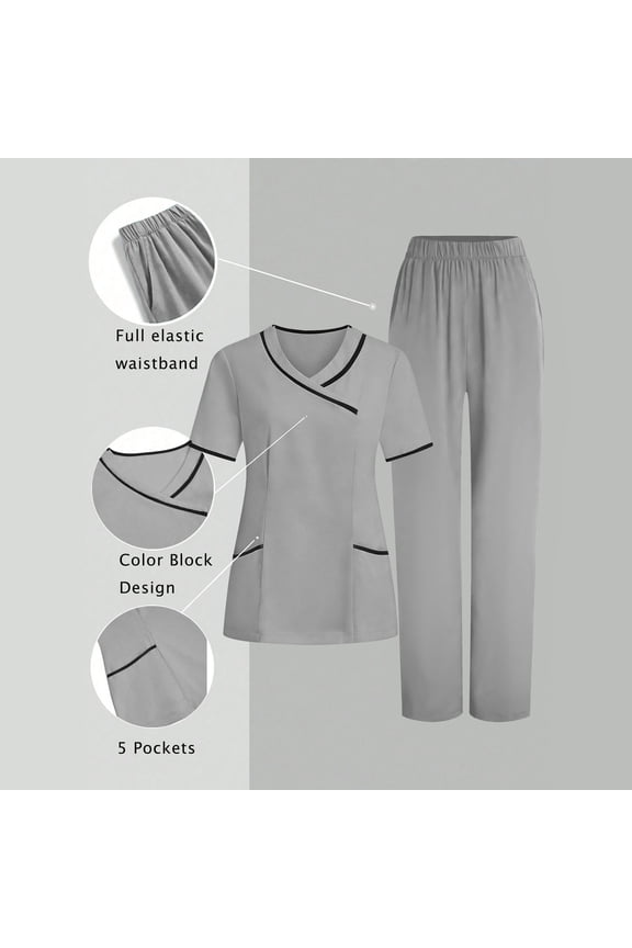 Women's Color Block Scrubs Set, V-Neck Short Sleeve Top with 5 Pockets & Full Elastic Waist Pants, Professional Medical Uniform for Nurses, Healthcare Workers, Clinic Staff & Caregivers