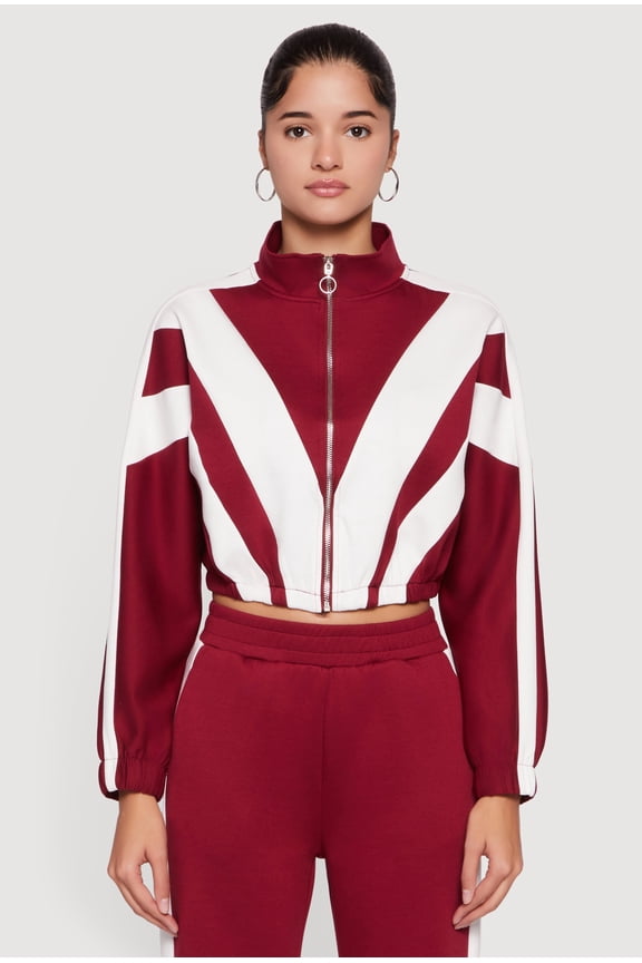 Women's Color Block Scuba Cropped Mock Neck Zip Front Top