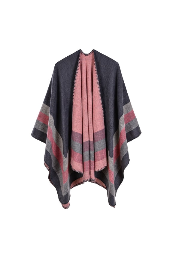 Women's Color Block Shawl Wrap Plus Size Cardigan Poncho Cape Open Front Long Winter Sweater Coat