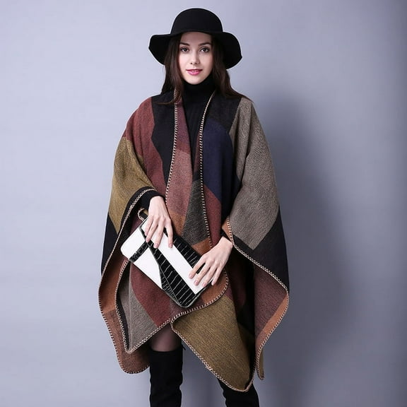 Women's Color Block Shawl Wrap Plus Size Cardigan Poncho Cape Open Front Long Winter Sweater Coat