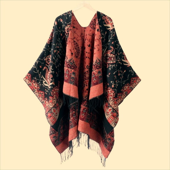 Women's Color Block Shawl Wrap Plus Size Cardigan Poncho Cape Open Front Long Winter Sweater Coat