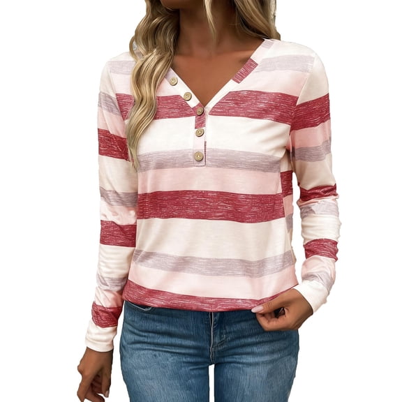 Women's Color Block Shirt Long Sleeve Quarter Button V Neck Pullover Blouse Red M