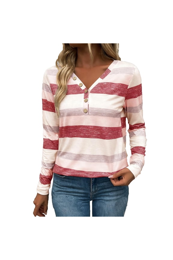 Women's Color Block Shirt Long Sleeve Quarter Button V Neck Pullover Blouse Red M