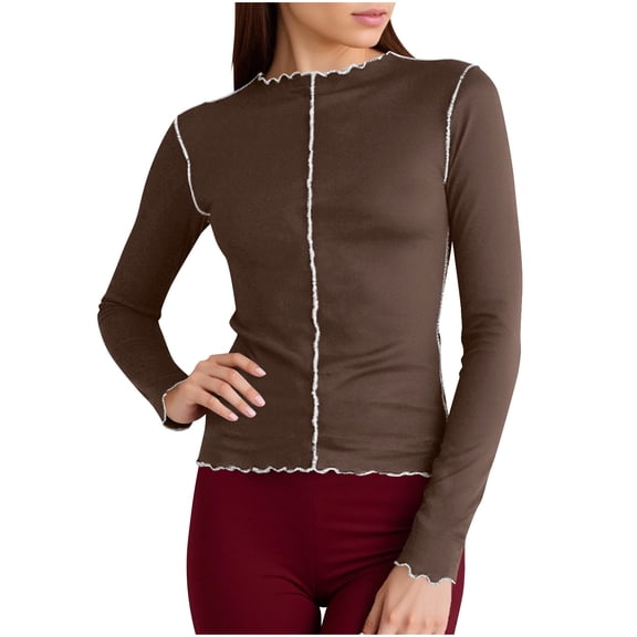 Women's Color Block Shirt Trendy Crew Neck Long Sleeve Tight Top Versatile Base Layer with Ruffled Hem Coffee M