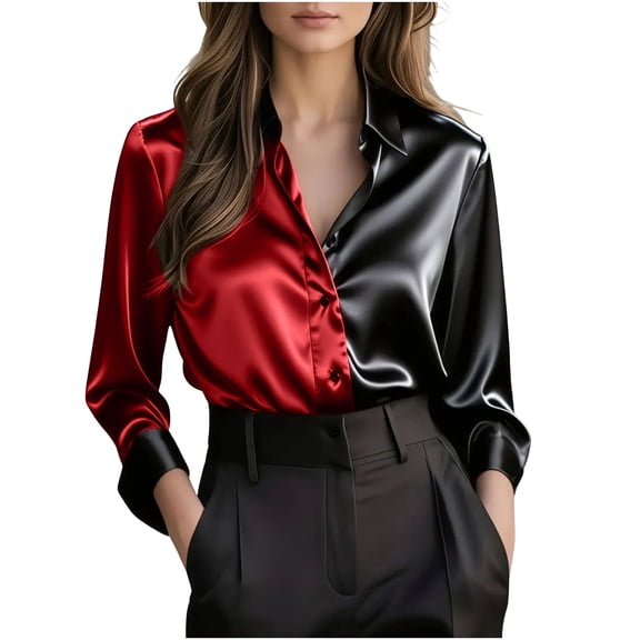 Women's Color Block Shirts Satin Blouse Trendy Long Sleeve Collared Tops Button Down Dress Shirt Red S
