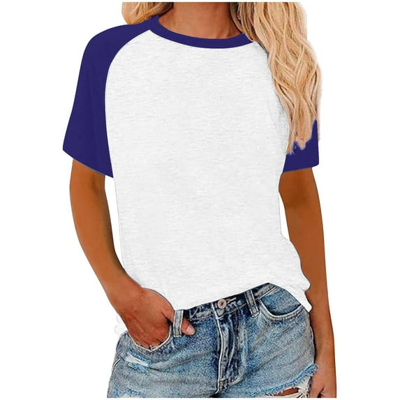 Women's Color Block Shirts Summer Trendy Crew Neck Short Sleeve Plus Size Tops Beach Tee Casual Loose Blouses (3XL, Dark Blue)