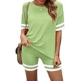 thumbnail image 1 of Women's Color Block Short Sleeve Tracksuit Set with High Waist Drawstring Shorts Grass Green S, 1 of 2